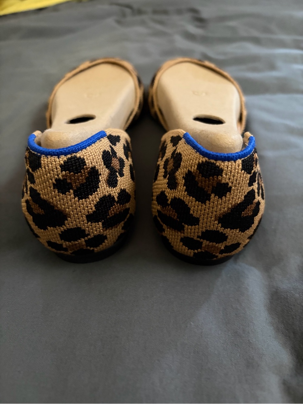 Rothy's Leopard Print Pointed D'Orsay Flats - Tan & Black with Blue Trim - Picture 2 of 9